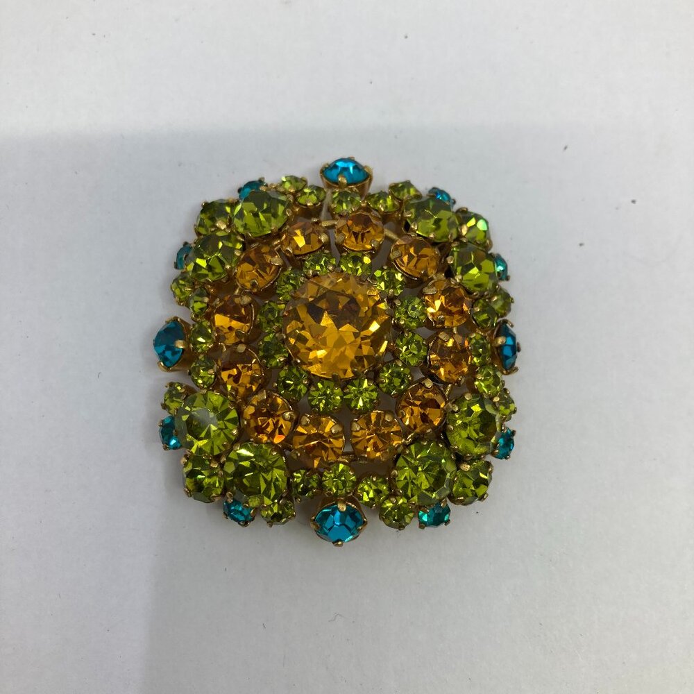 Vtg 1950 AUSTRIA 2" rhinestone crystal green yellow blue chunky brooch